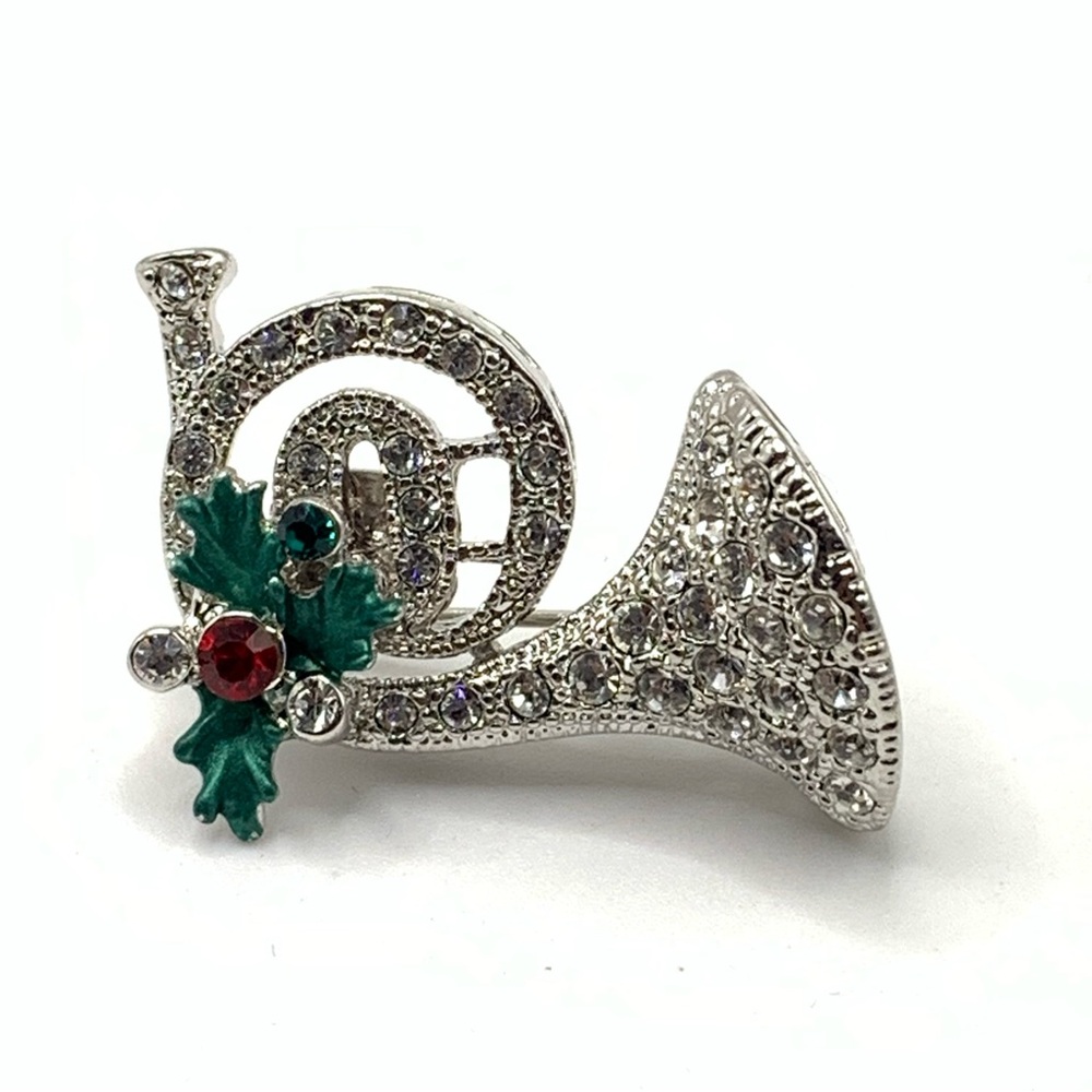 Rucinni gold-tone Christmas French horn brooch with crystals